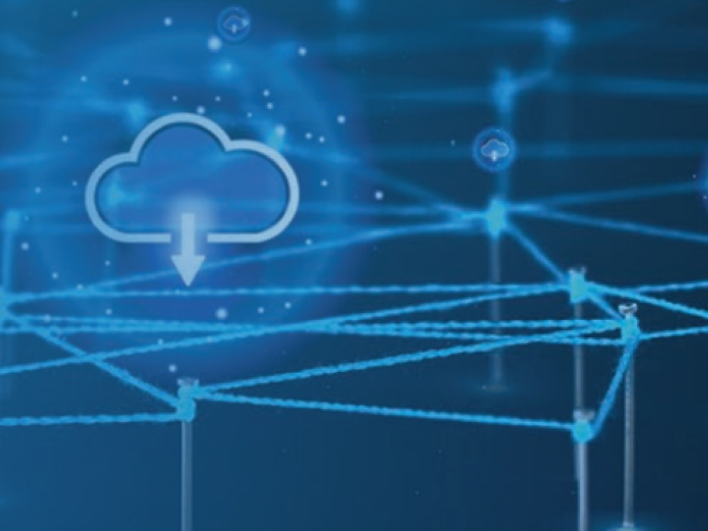 Graphique de réseau abstrait avec symbole de stockage en nuage et lignes interconnectées.