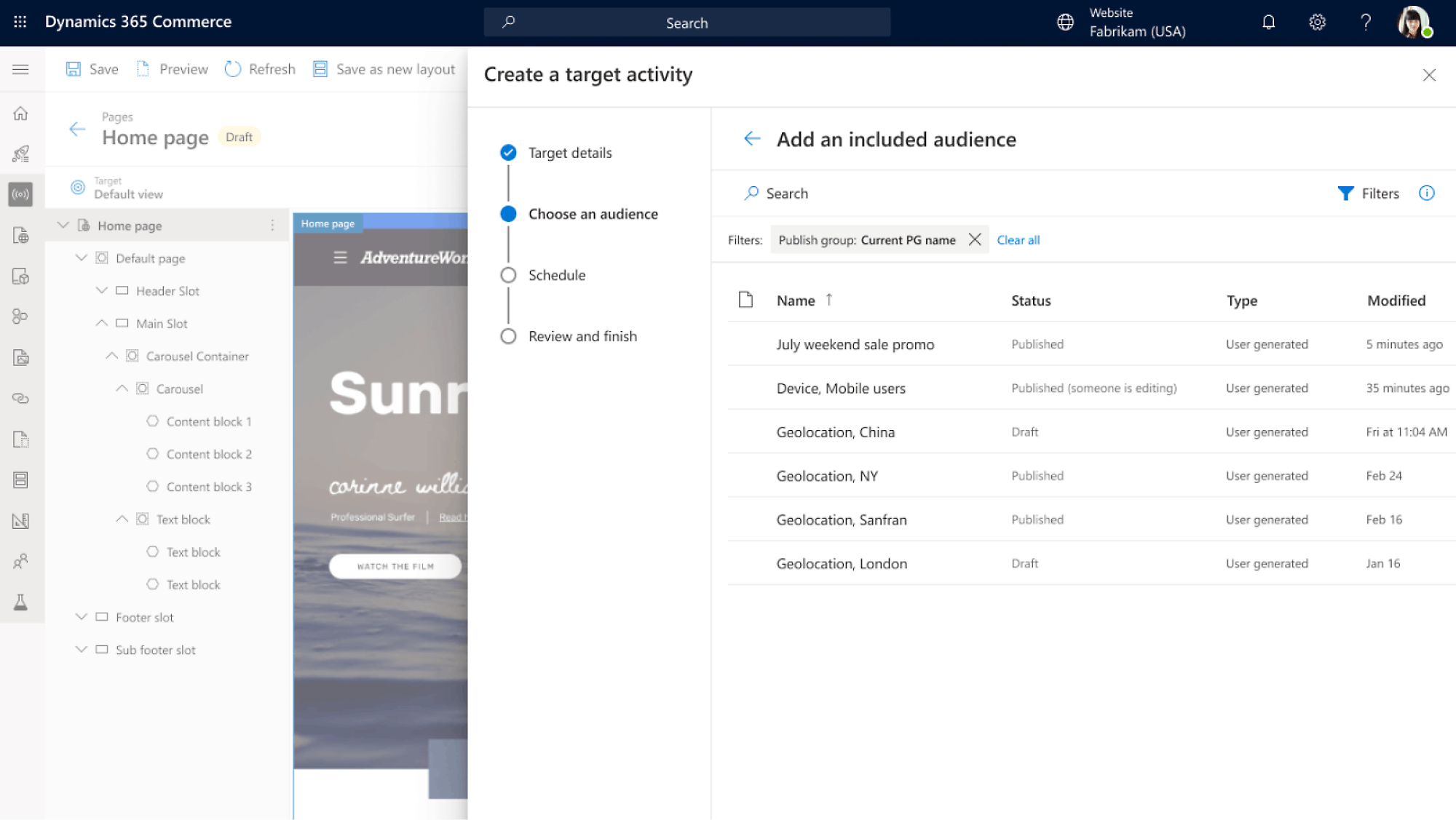 A screenshot of the Dynamics 365 Commerce interface showing a page layout editor with various content blocks and settings