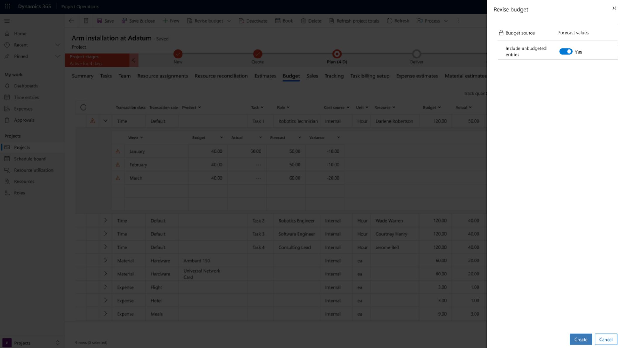 צילום מסך של ממשק סקירת תקציב ב- Microsoft Dynamics 365 עם התמקדות במשימות פרויקט