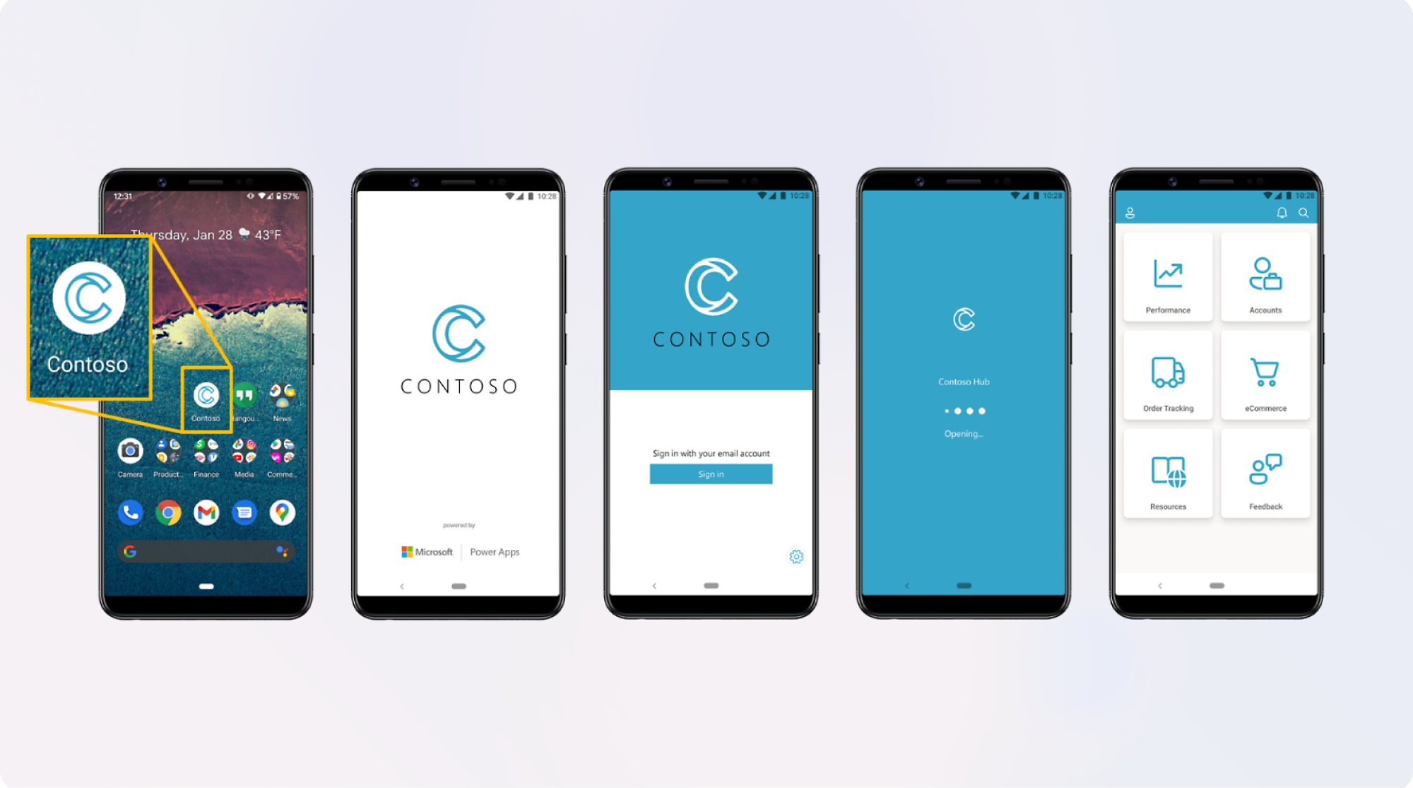 Vijf smartphones met verschillende schermen van de 'contoso'-app, waaronder de aanmeldingspagina en het startscherm