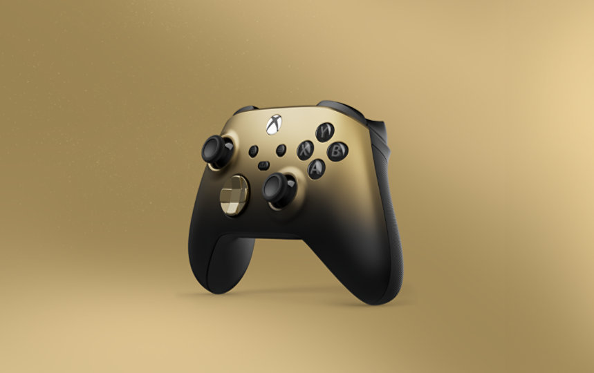 Langattoman Xbox-ohjaimen Gold Shadow Special Edition -versio viistosti etuoikealta. 