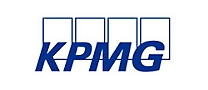 Logo of KPMG with blue letters and square outlines above the text.