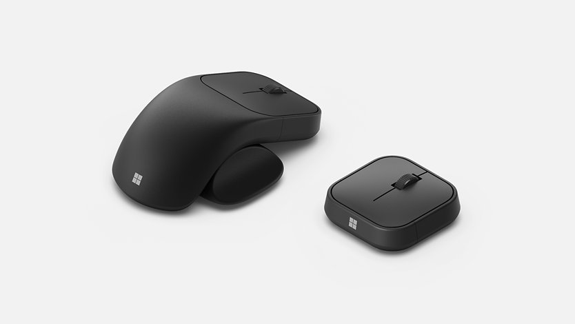 Microsoft Adaptive Mouse with mouse tail and thumb support accessory attached, and by itself. 