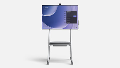 Een Surface Hub 3 van 50 inch op een mobiele standaard. 