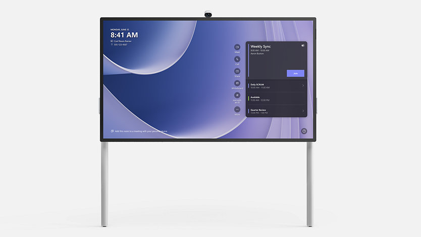 Een 85 inch Surface Hub 3 op een op de vloer staande standaard. 