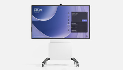 Een Surface Hub 3 voor zakelijk gebruik op een Electric Lift mobiele standaard van Salamander Designs. 