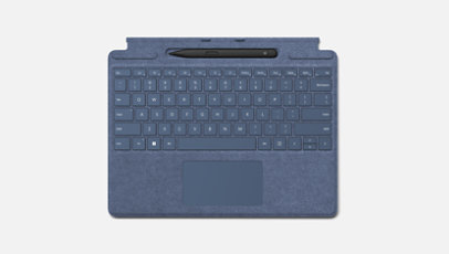 A sapphire blue Surface Pro Signature Keyboard with a Slim Pen 2 resting in the built-in pen tray.