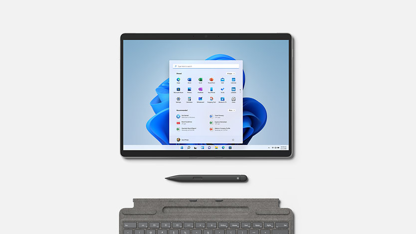 Surface Pro 8 shown with Surface Pen and Signature keyboard