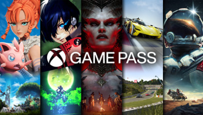 Logotipo de Xbox Game Pass con varios antecedentes de personajes de videojuegos.