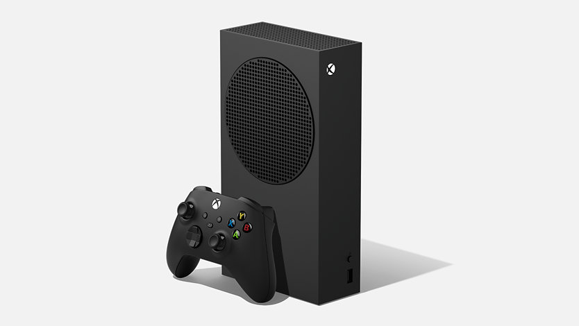 Right angle front view of the Xbox Series S - 1TB (Black) in front of a gray background.