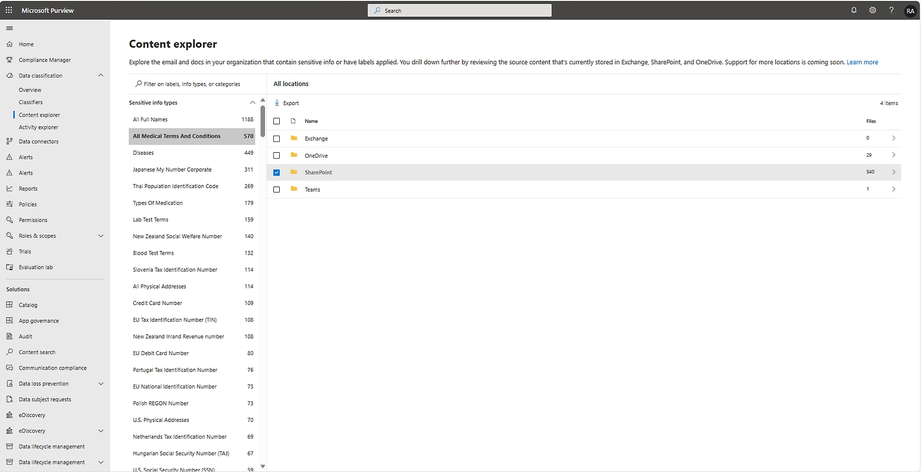 Microsoft purview 內容總管介面顯示各種檔中敏感性資訊的篩選結果