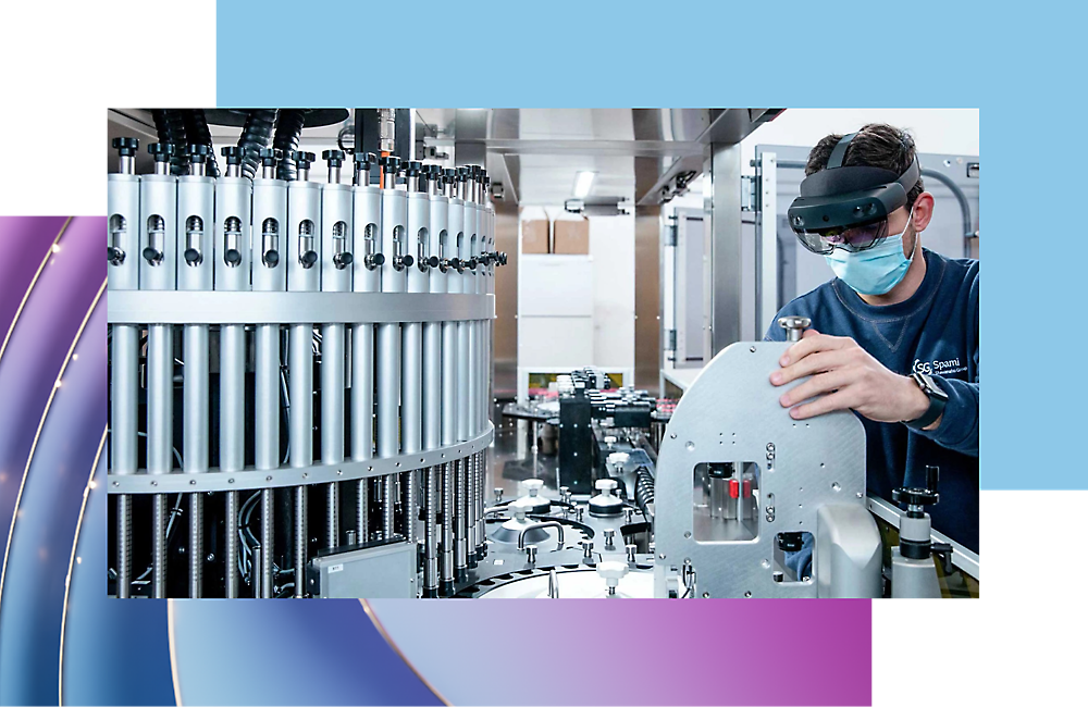 A person wearing a mask working in a factory