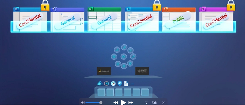 Illustration of a computer interface showing open file folders labeled confidential and general with a network structure