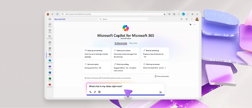  Microsoft 365 網頁的 Microsoft Copilot，在淺紫色背景上顯示功能和文字提示。
