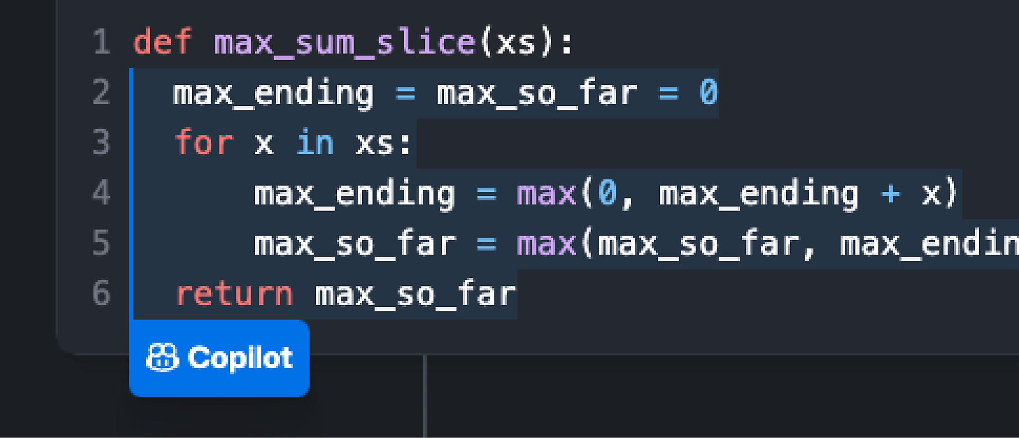 Une capture d’écran d’un bloc de code avec un bouton Copilot superposé