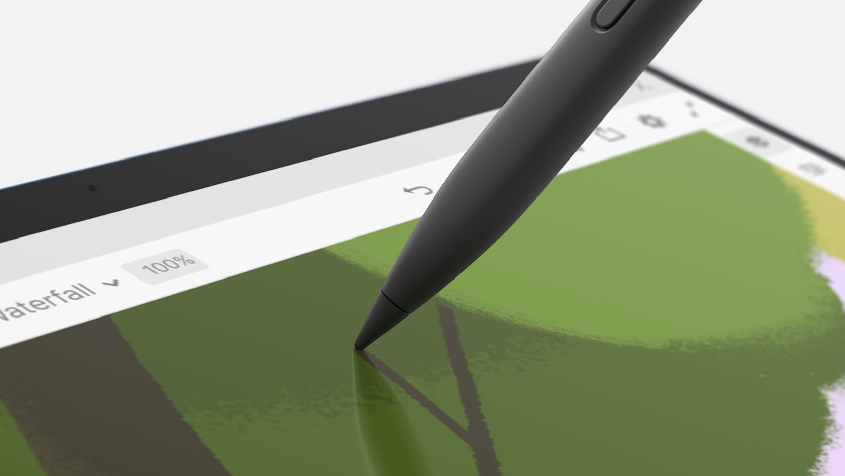 Una persona usa un Surface Slim Pen para dibujar en la pantalla táctil de un dispositivo Surface.