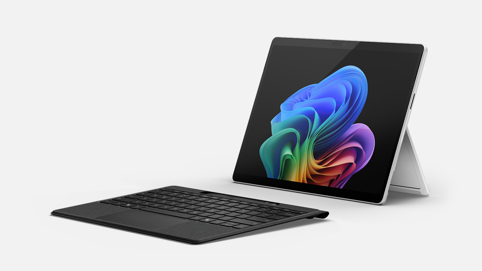 Una vista en ángulo muestra un Surface Pro Flex Keyboard para empresas que funciona de forma desconectada de un dispositivo Surface.