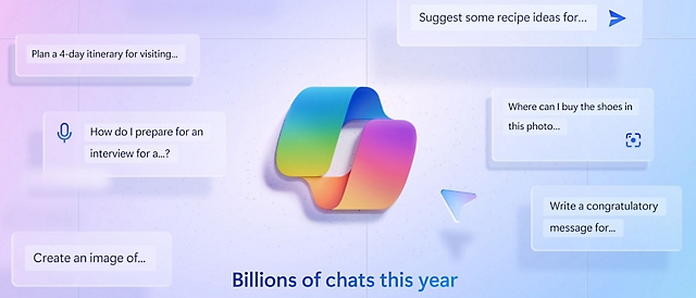 Um logotipo do Copilot com o texto de bilhões de chats esse ano