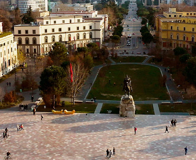 A birds eye view of a park and adjacent buildings