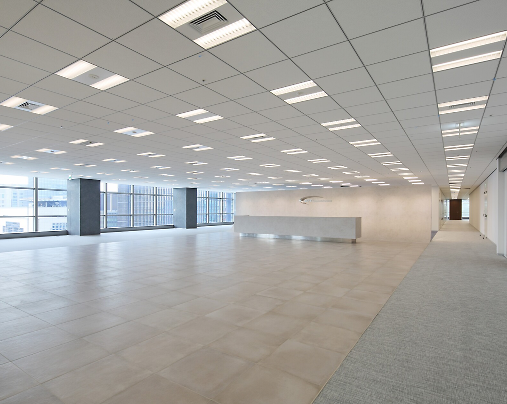 Espacio de oficina moderno y vacío con plantas en mosaico, paredes blancas y ventanas grandes que dejan luz natural