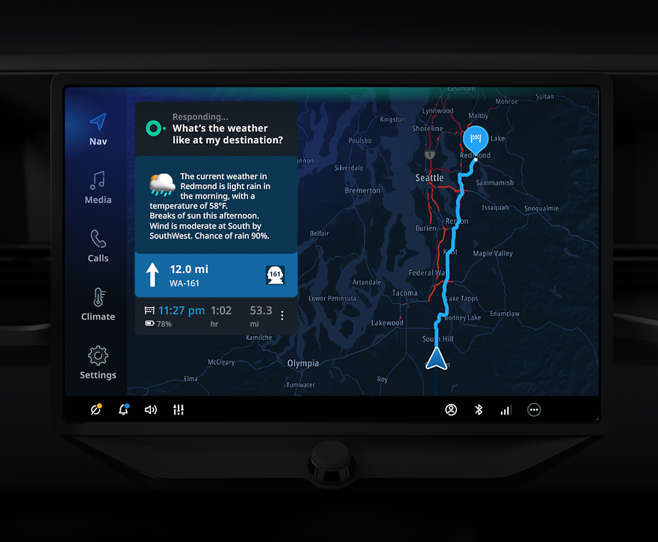 Écran du tableau de bord d’une voiture affichant une carte de navigation d’Olympia à Seattle, avec des widgets supplémentaires pour la météo et les médias