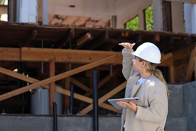 A person wearing a white hard hat and holding a tablet