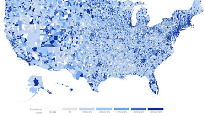 Map of the United States color coded by broadband usage per county.