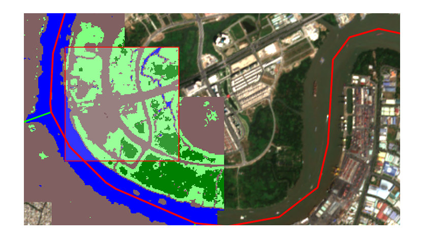 Satellite view of a city with color coding to show land cover.