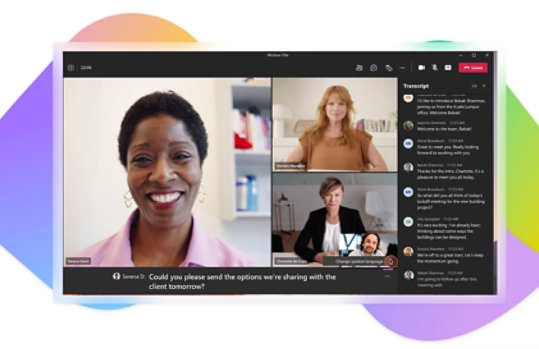 A Teams video call with four participants with live captions displayed along the bottom of the screen and the call transcript displayed on the right.
