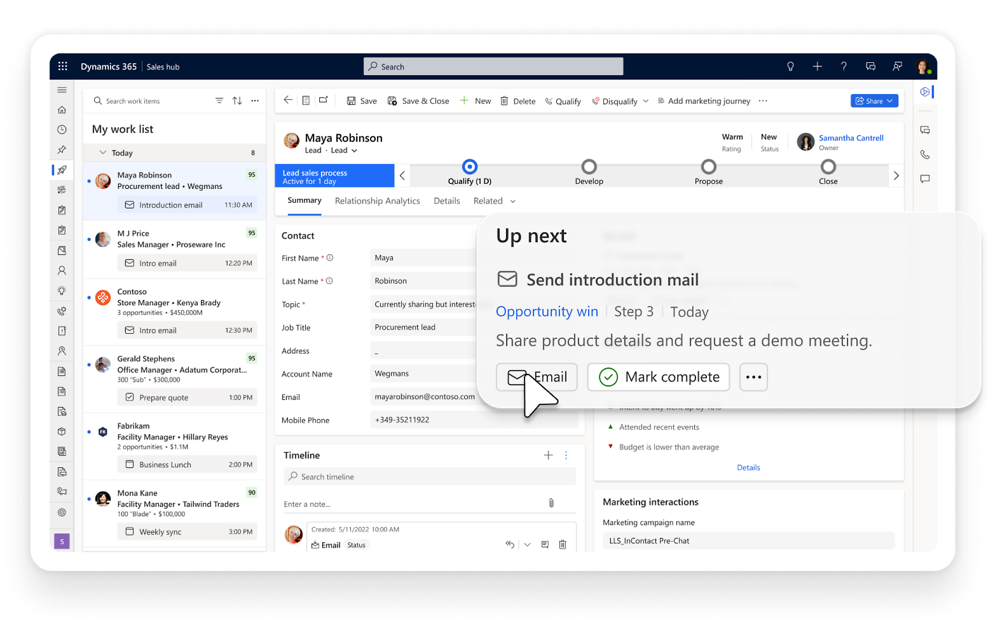 screen of user interface for dynamics 365 sales, displaying an opportunity win step and a share product details