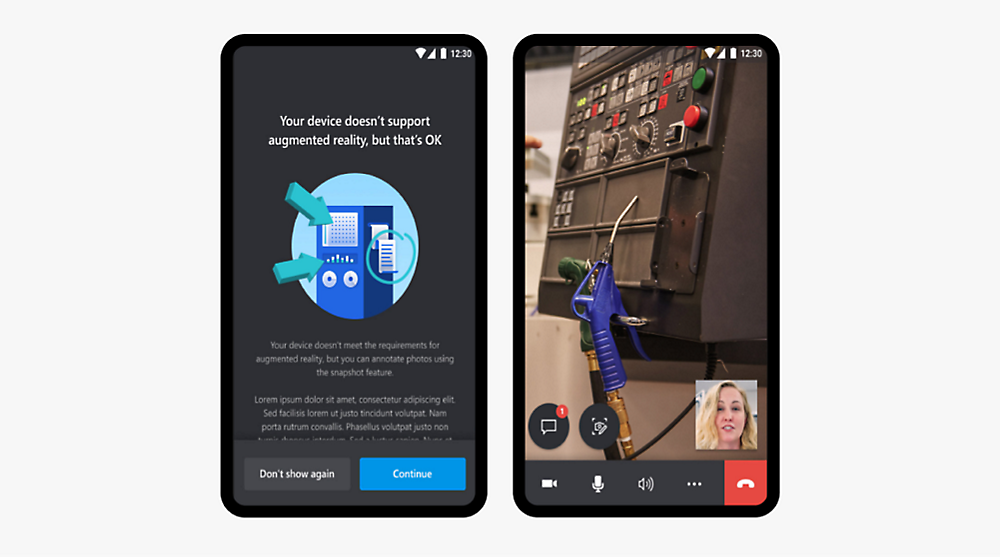 Two smartphones side by side: the left displays a message about augmented reality support, the right shows a video call with a woman