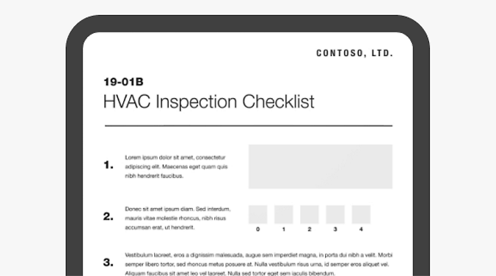 Image of an HVAC Inspection Checklist form from Contoso, Ltd., with placeholder text and a data table.