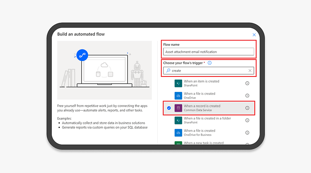 A screen showing a setup for building an automated flow with "Asset attachment email notification"