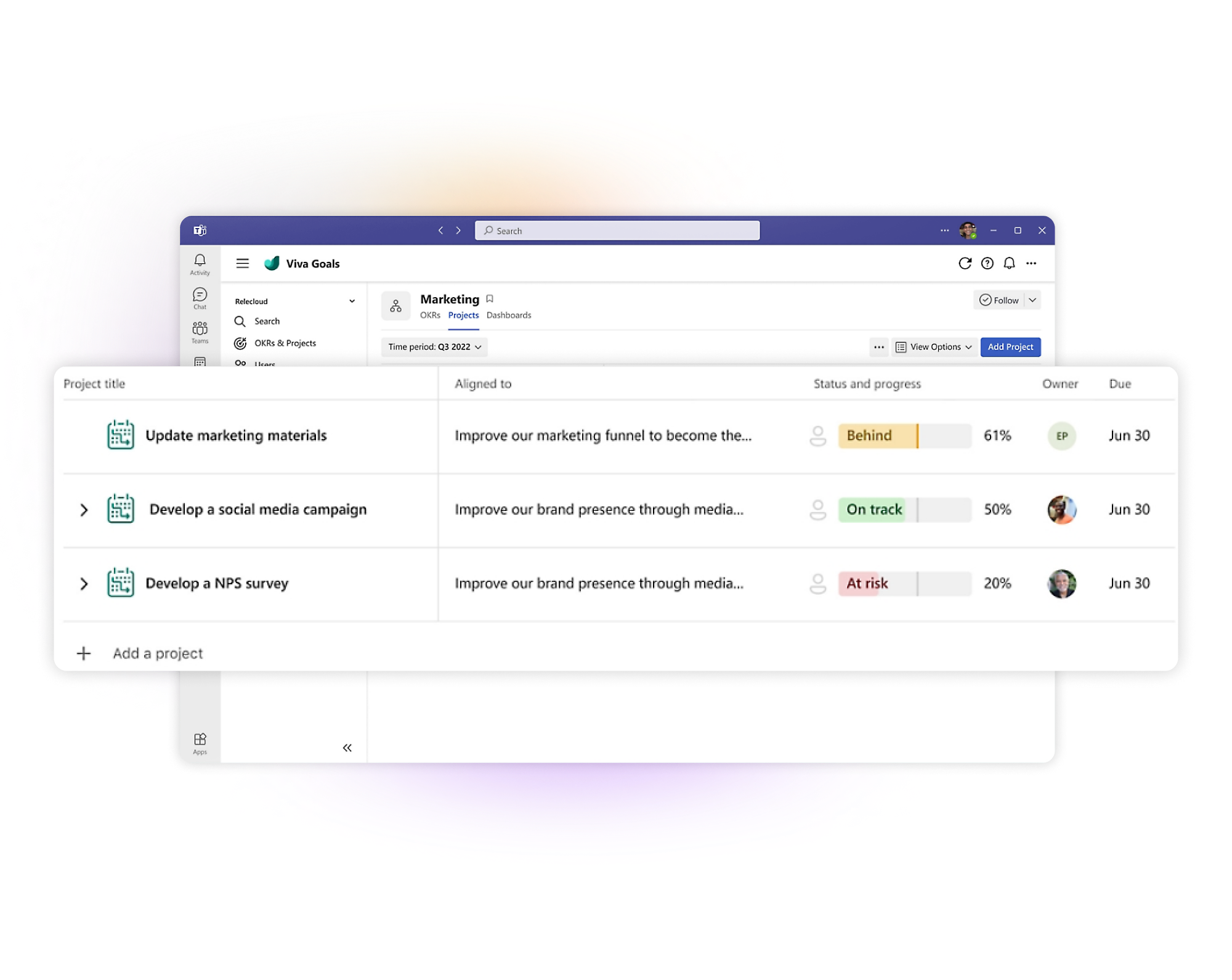 Digital project management interface showcasing various marketing tasks with status indicators like on track and at risk.