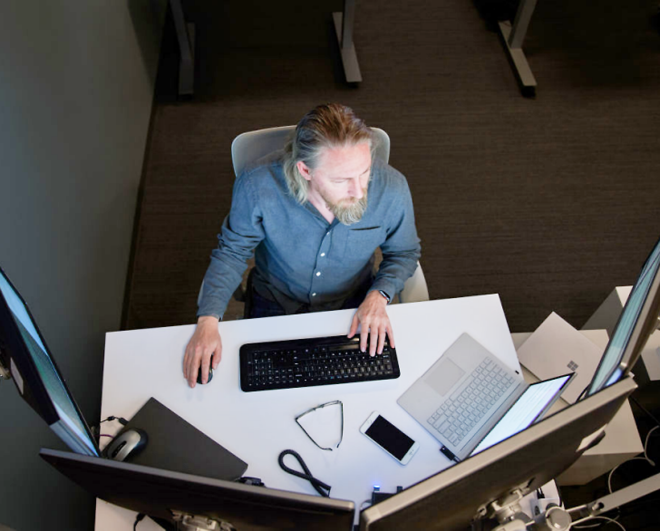 A person sitting at a desk with a computer