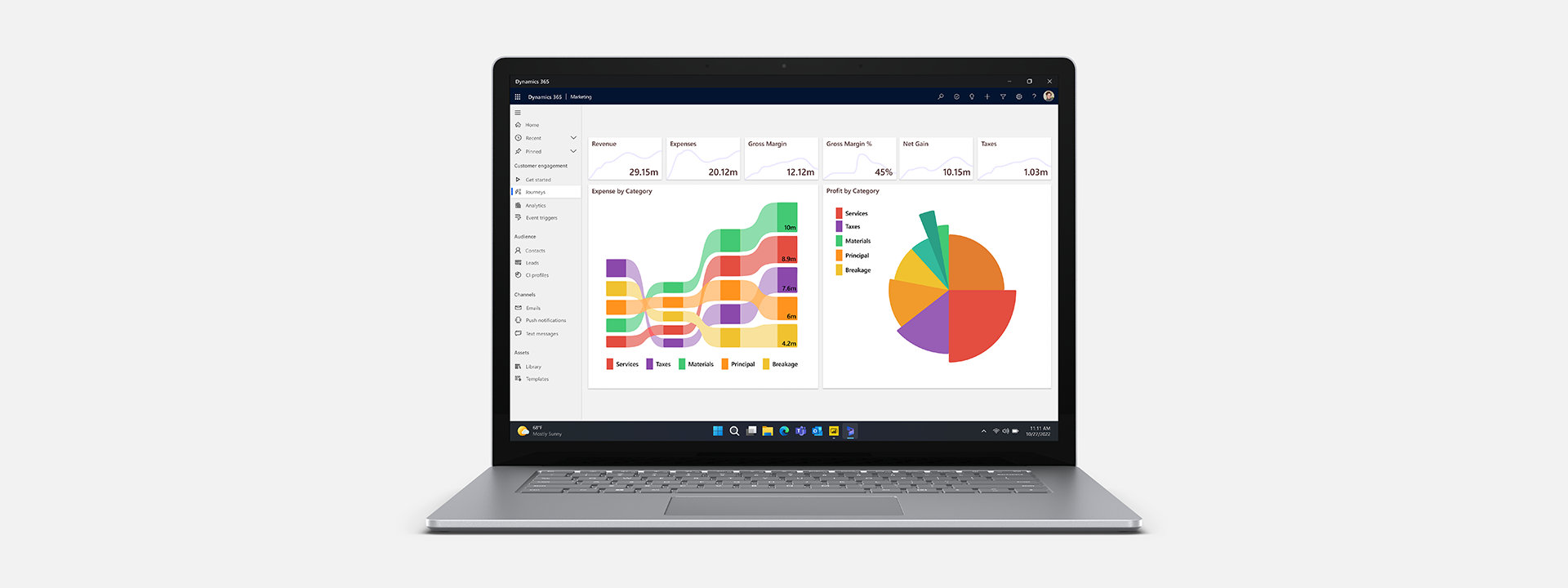 Surface Laptop 5 yrityksille: näytössä näkyy Microsoft Dynamics 365.