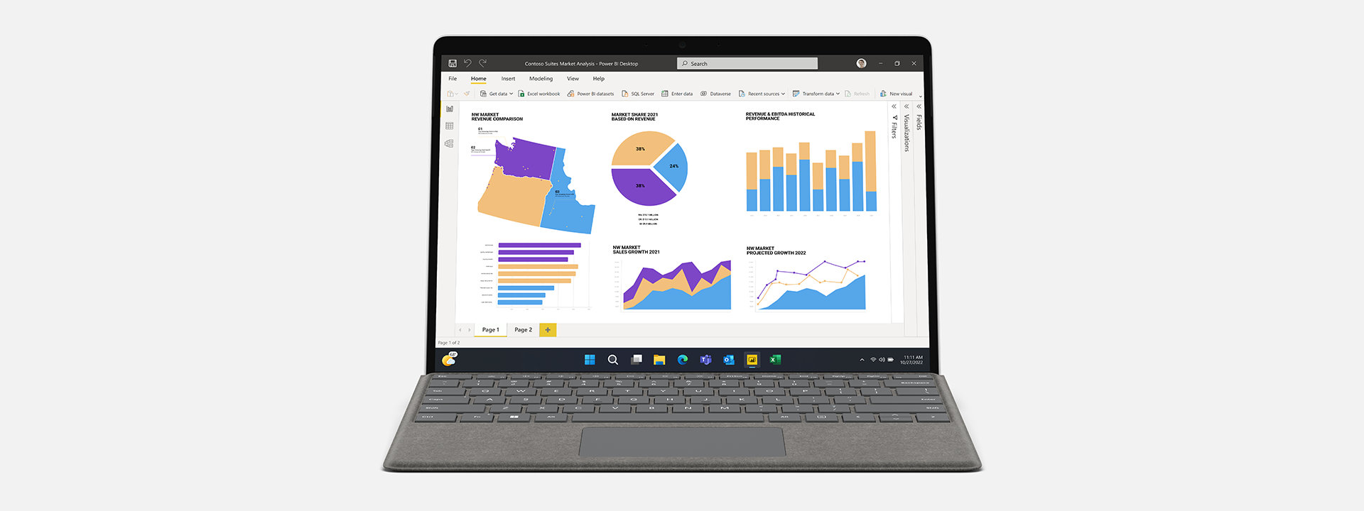 Surface Pro 9 voor zakelijk gebruik met Microsoft Power BI op het scherm. 