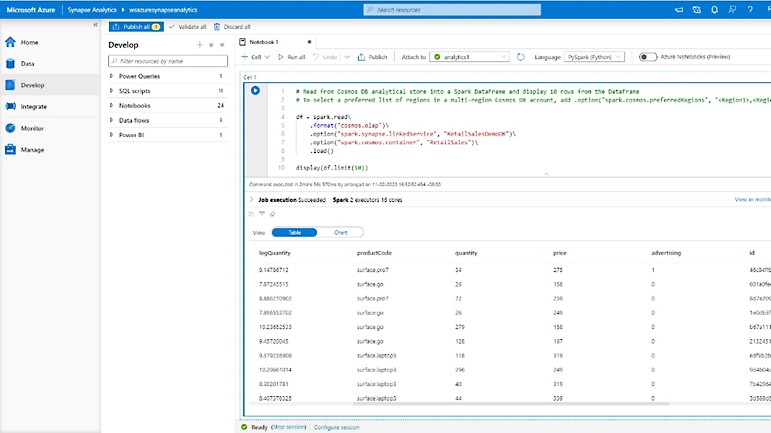 A developer's notebook in Azure Synapse Analytics.