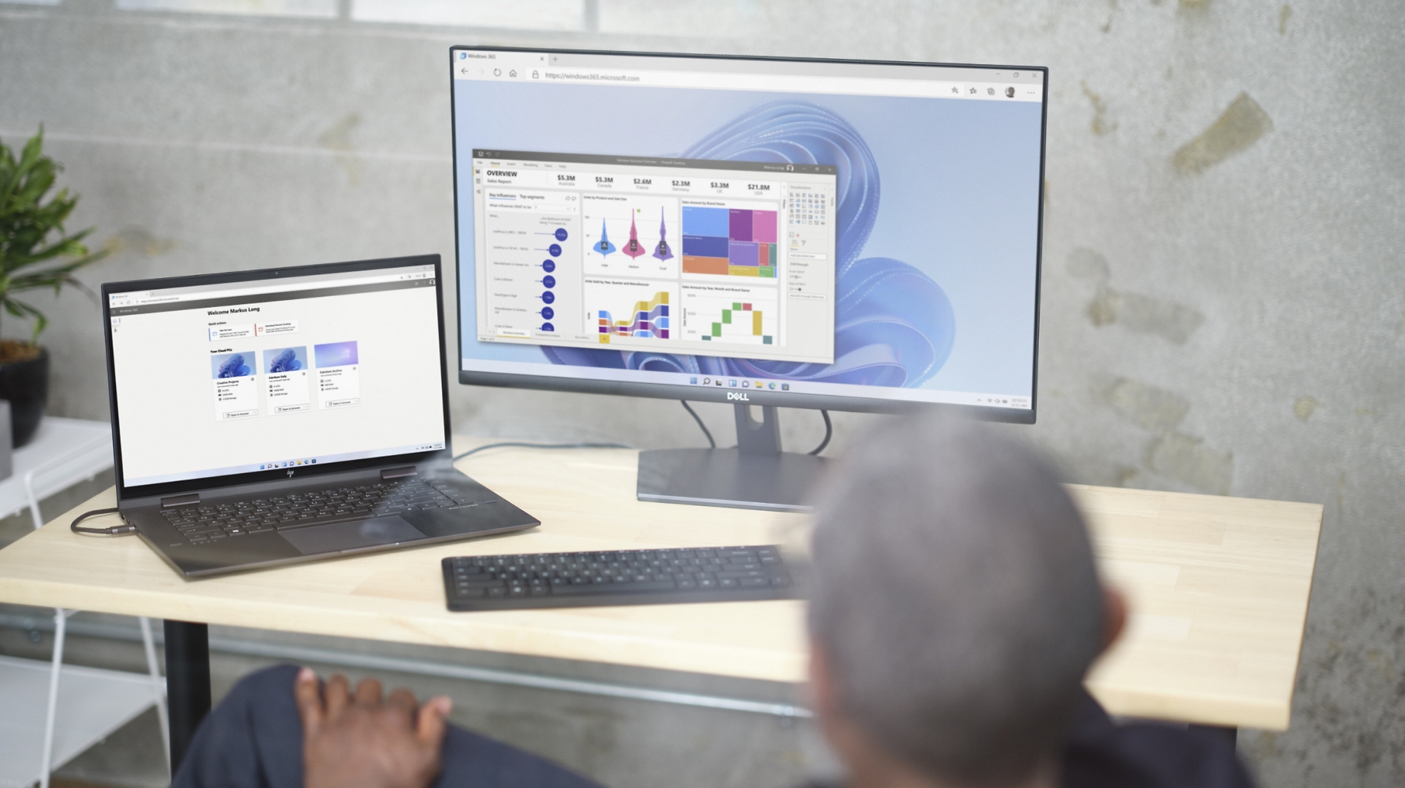 A desk with two monitors using Windows 365 remote desktop