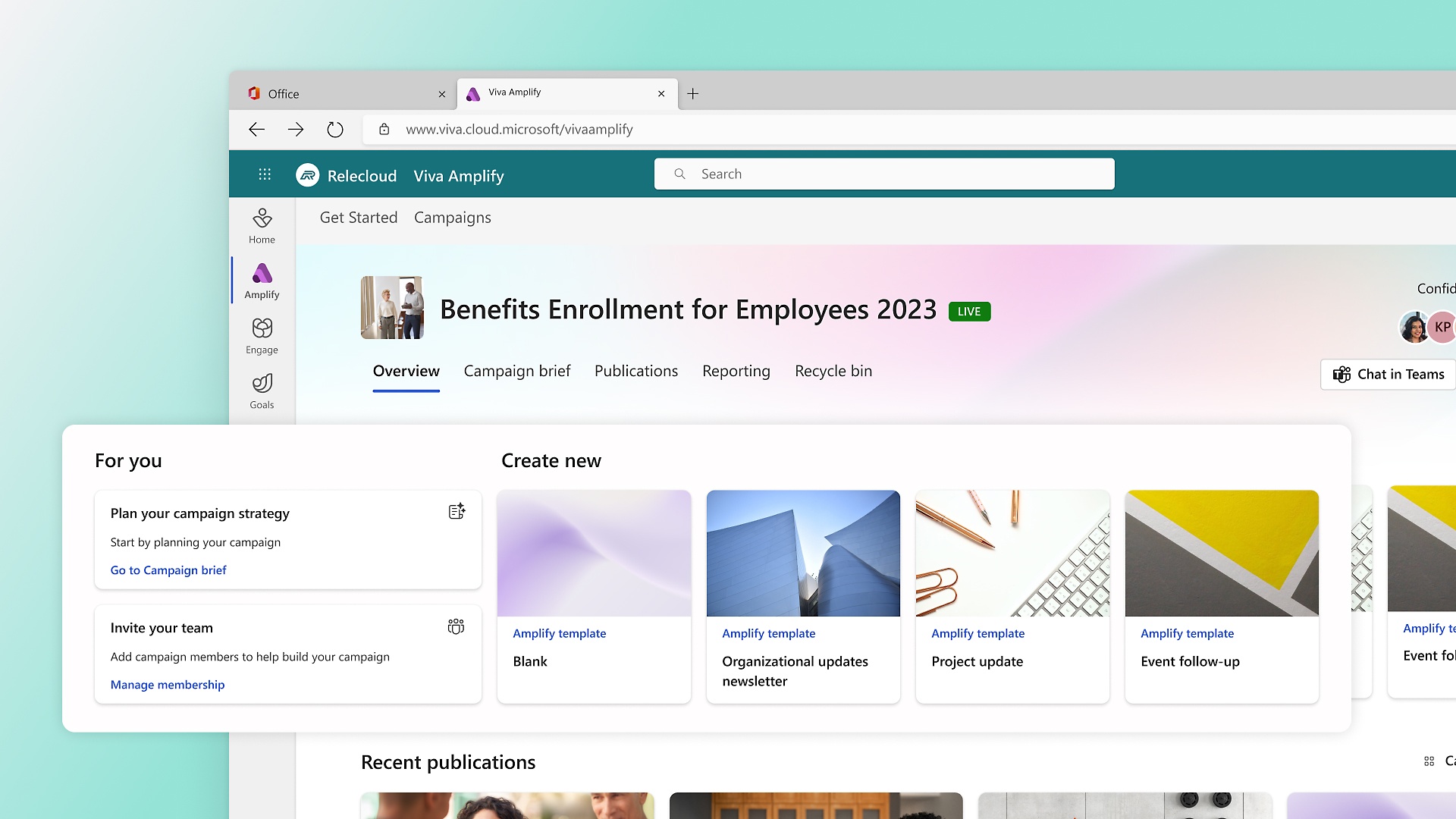 A window of Visa Amplify for a campaign and parts of it displaying 'Create new' option with 'Recent publications' section