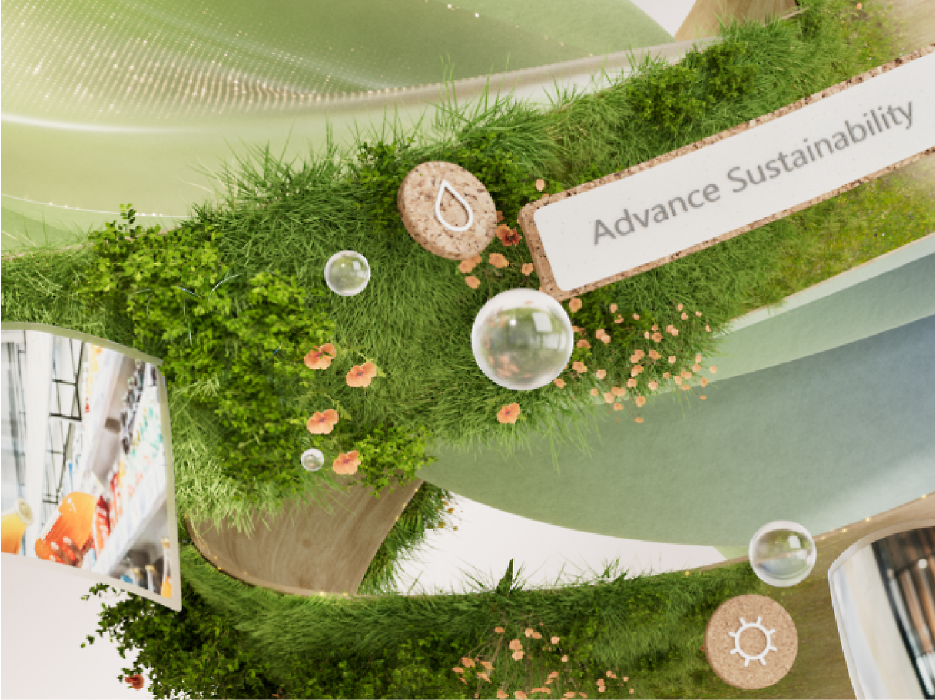 A decorative green installation with grass and flowers displays buttons and text 'Advance Sustainability'.