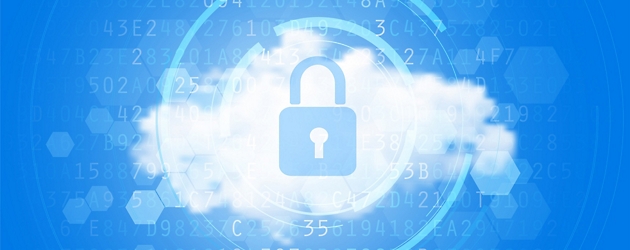 A digital conceptual image depicting a closed padlock icon centralized over a cloud, symbolizing cloud security.