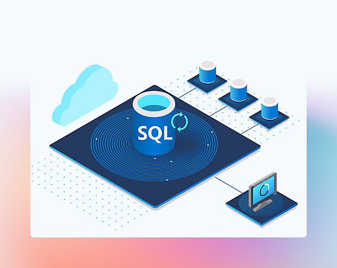 En isometrisk visning af en SQL-database, der opretter forbindelse til eksterne systemer eller computere.