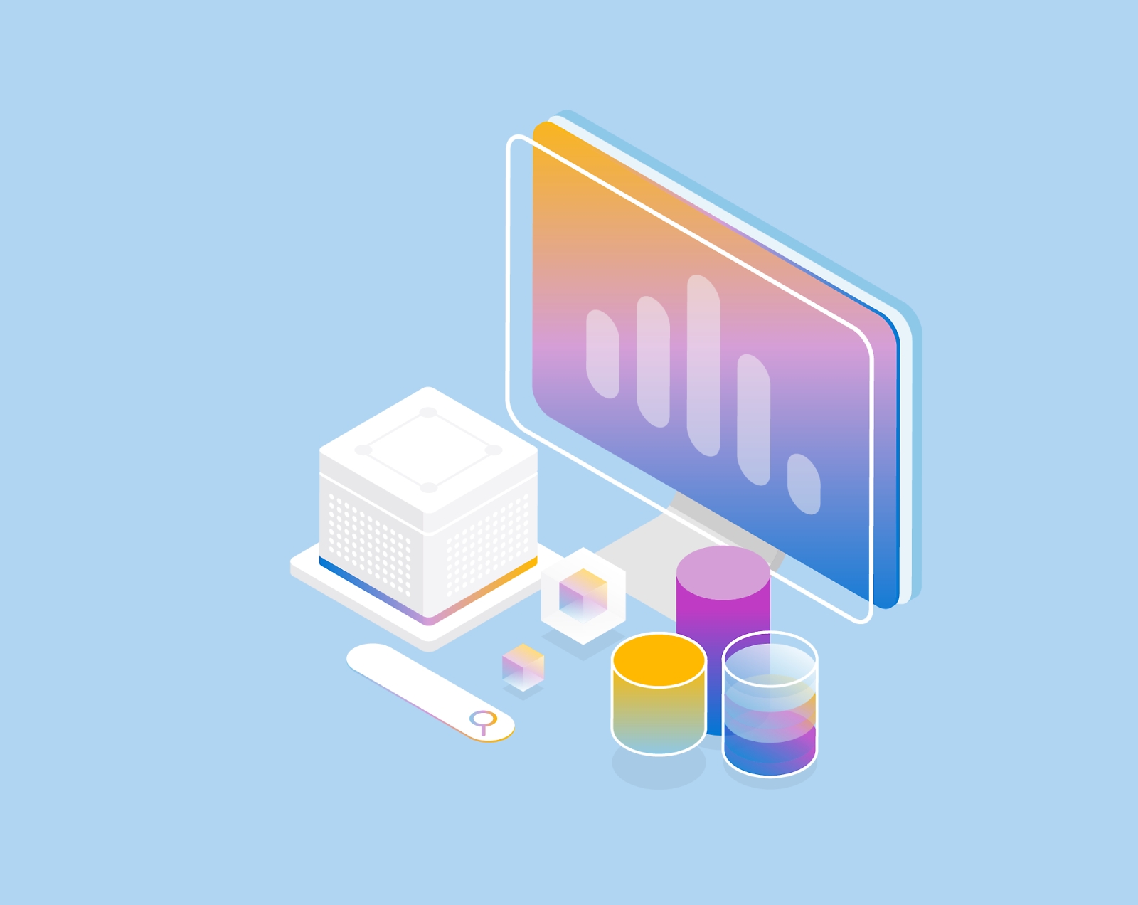 Illustration of data analysis tools including a computer screen with a bar graph, various 3D charts, and a data server.