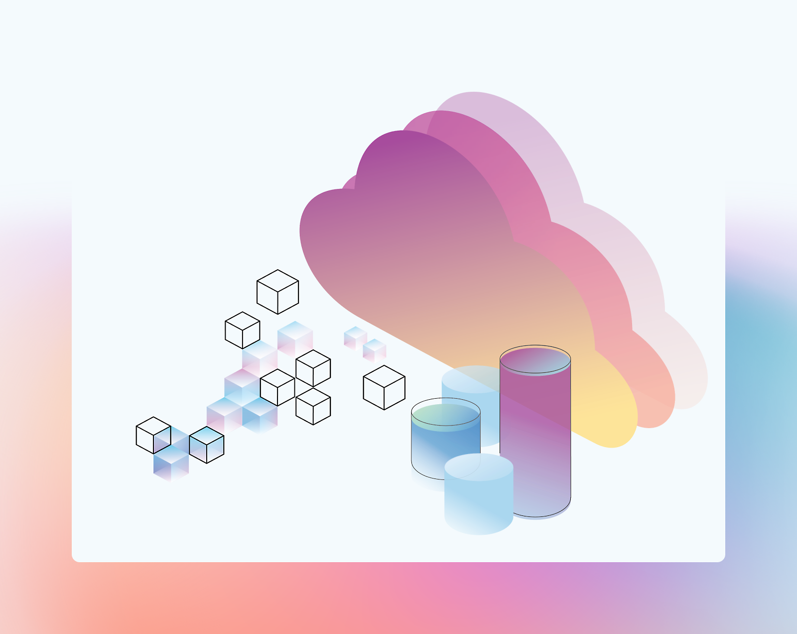 Illustration av ett stiliserat moln med en toning av lila och rosa färger, tillsammans med flytande kuber och cylindriska grafer