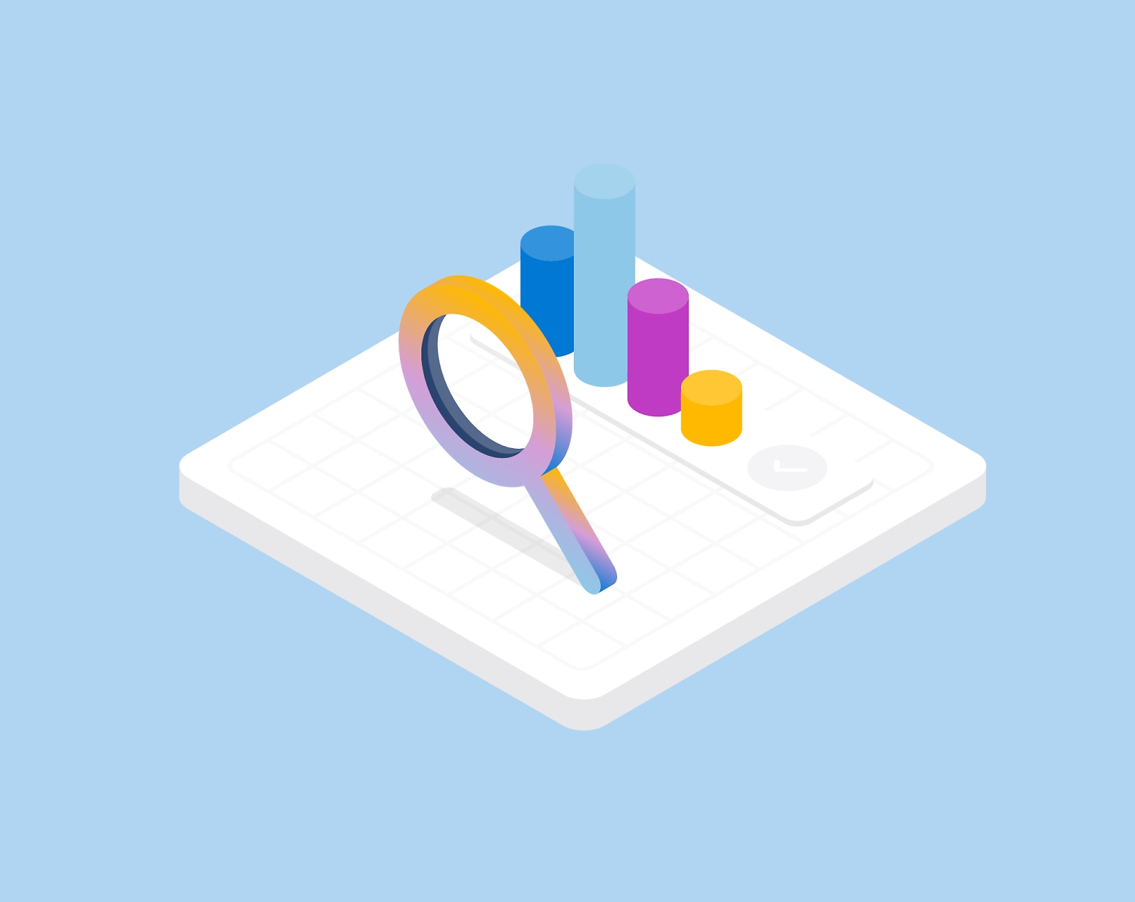 An illustration of a magnifying glass hovering over a spreadsheet-like document featuring colorful bar charts.