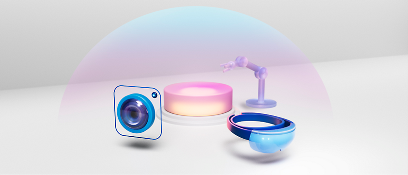 Rendered image of various gadgets including a camera, light ring, earpiece, and wristband on a white surface