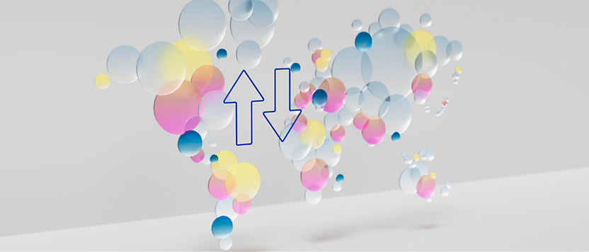 Transparent and colored bubbles with varying opacities floating above a surface, highlighted by a blue upward arrow.