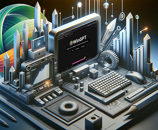 Una interfaz de PC muestra el sitio web "WinGPT", rodeado de engranaje futurístico
